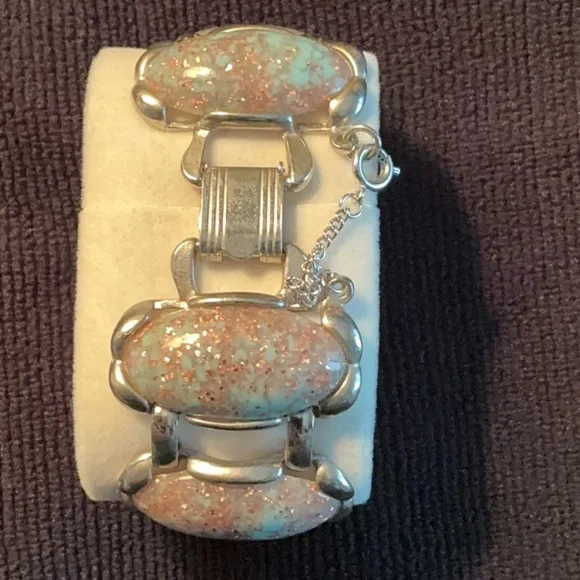 Vintage Turquoise Blue Lucite & Copper Glitter Confetti Silver Tone BRACELET
